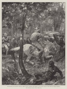 La révolte des Matabili et des Mashona, les éclaireurs de Grey chargeant les rebelles dans le buisson épais lors du combat à Thaba Imbamba